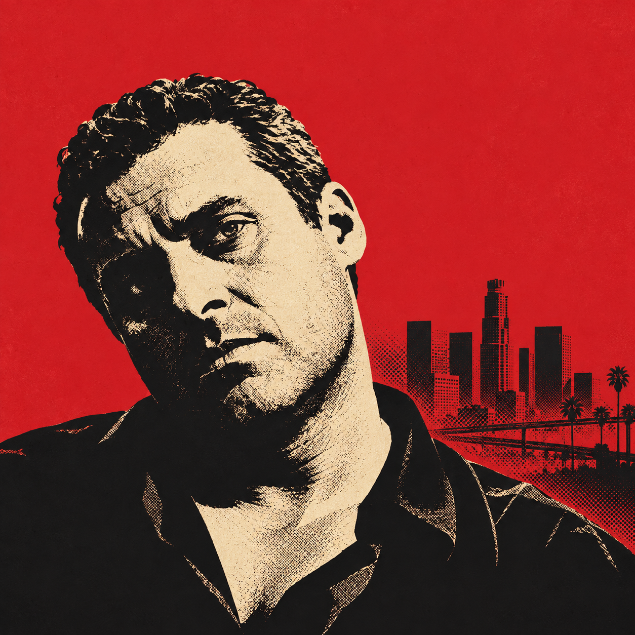 Black and cream illustration of Michael Cheritto against a red Los Angeles skyline