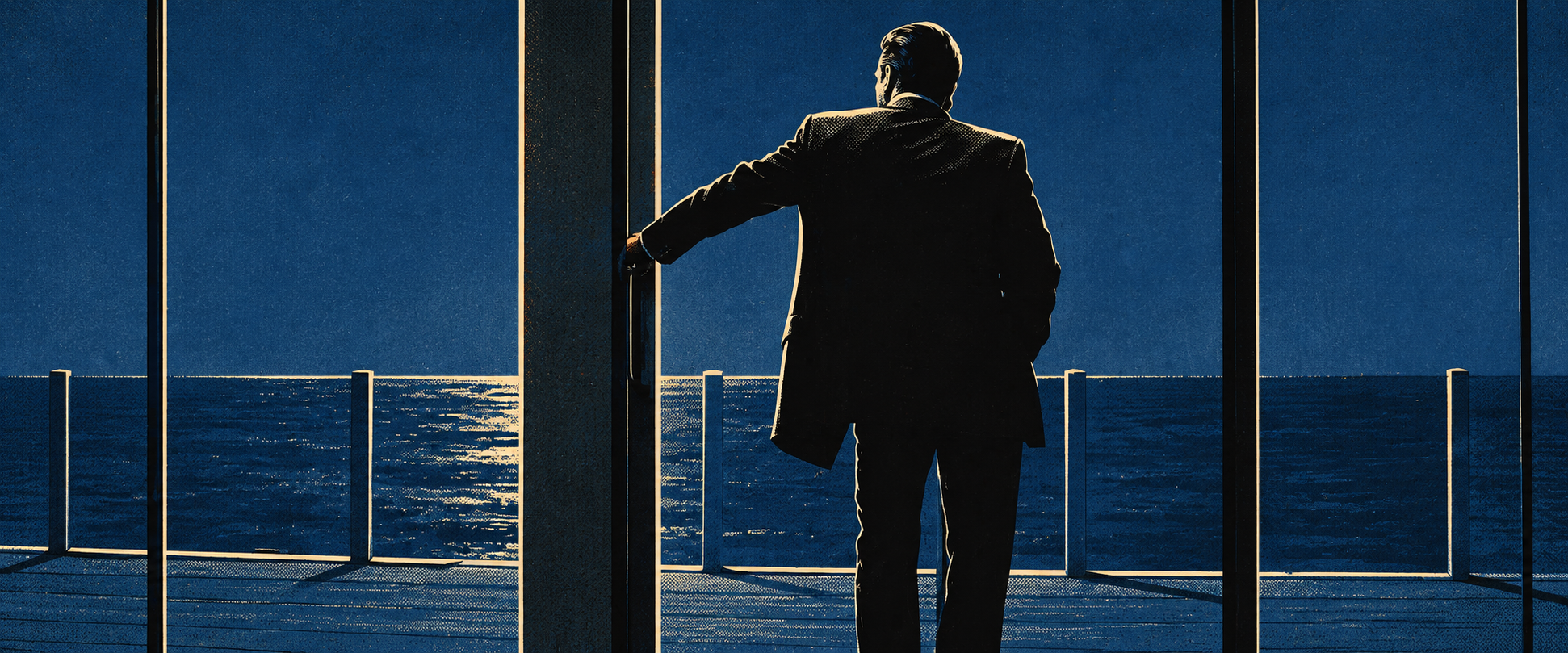 Blue and cream screenprint of Neil McCauley looking out at the ocean from his balcony