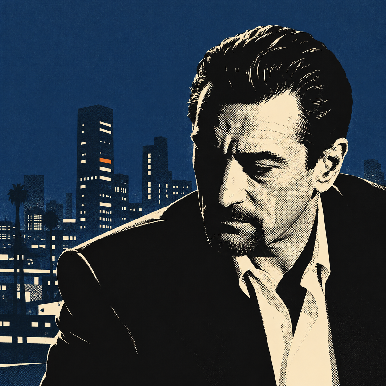 Black and cream illustration of Neil McCauley looking down against a midnight blue city skyline