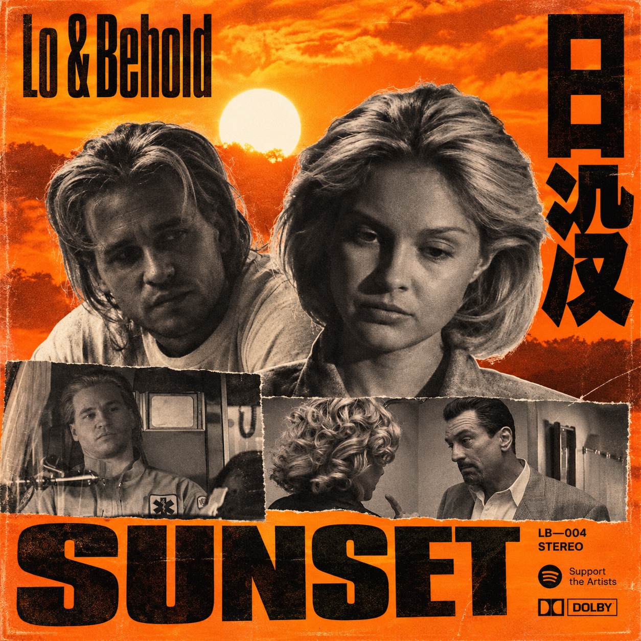 Lo & Behold SUNSET collage with a burnt-orange sky and monochrome portraits